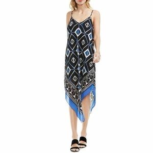 Vince Camuto Black & Blue Geometric Handkerchief-Hem Midi Dress